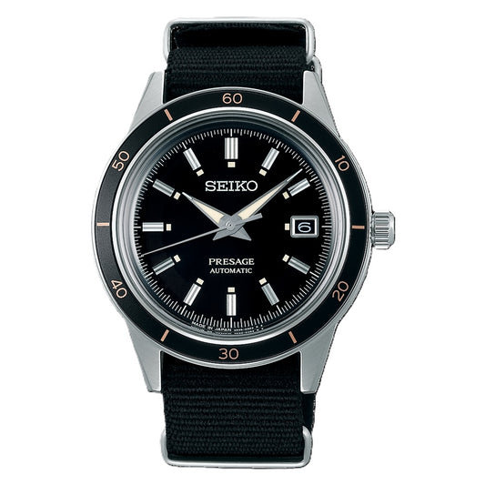 SEIKO PRESAGE MOD. 60s STYLE watch with black dial and silver case, showcasing elegant design and craftsmanship.