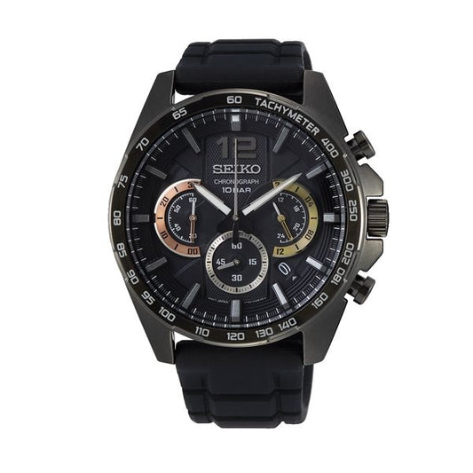 SEIKO WATCHES Mod. SSB349P1 men's chronograph wristwatch with black silicone strap and IP black stainless steel case.