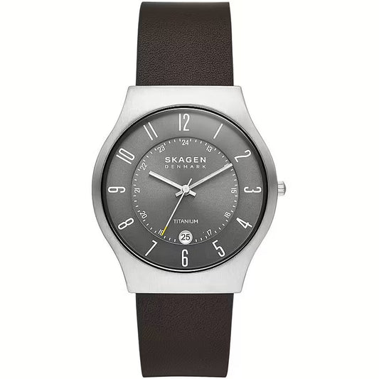 SKAGEN DENMARK Mod. SUNDBY TITANIUM wristwatch with titanium case and leather strap, quartz movement, and 5 ATM water resistance.