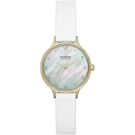 SKAGEN Mod. ANITA LILLE ladies wristwatch with gold case, quartz movement, and mother of pearl dial in official box.