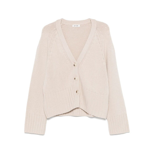 SOFT GOAT Sweaters Ivory, cashmere cardigan with light beige color, button fastening, ribbed trim, and plunging V-neck design.