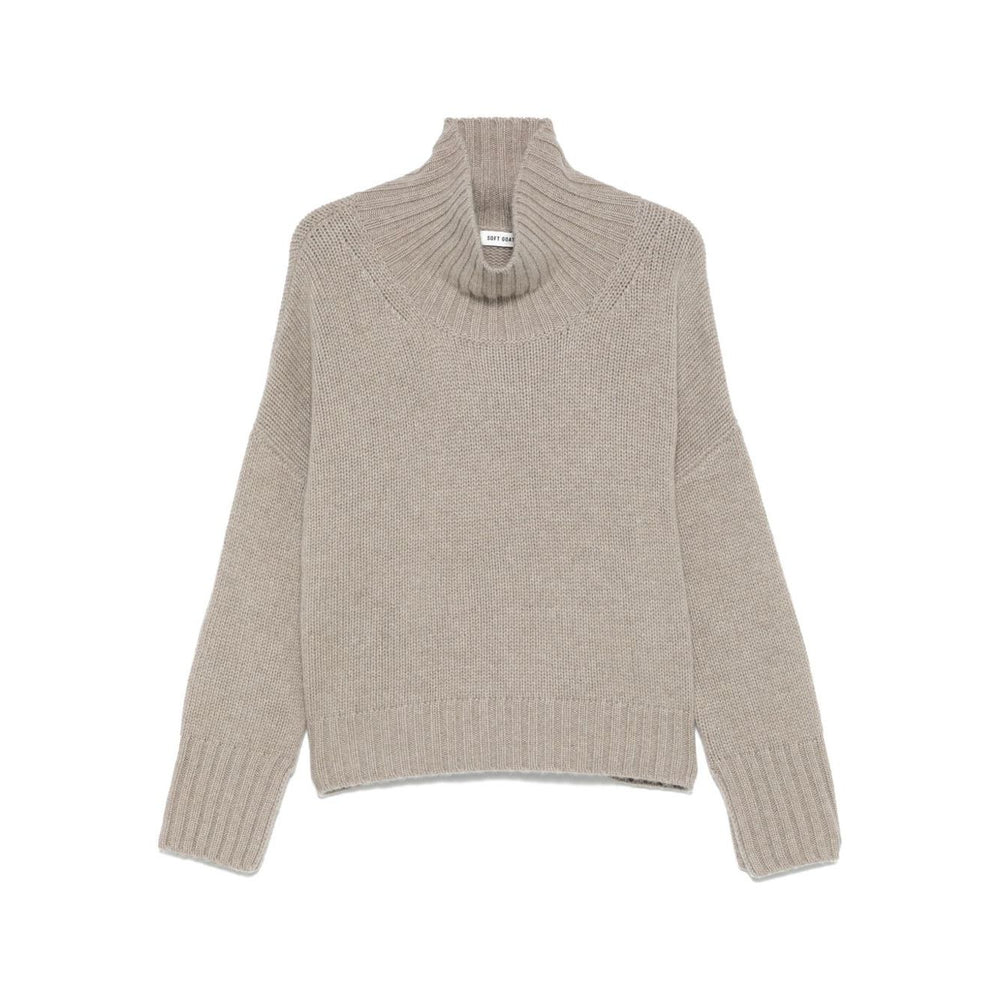 SOFT GOAT Sweaters Light Grey cashmere turtle-neck jumper with ribbed trim, high neck, and drop shoulder long sleeves.