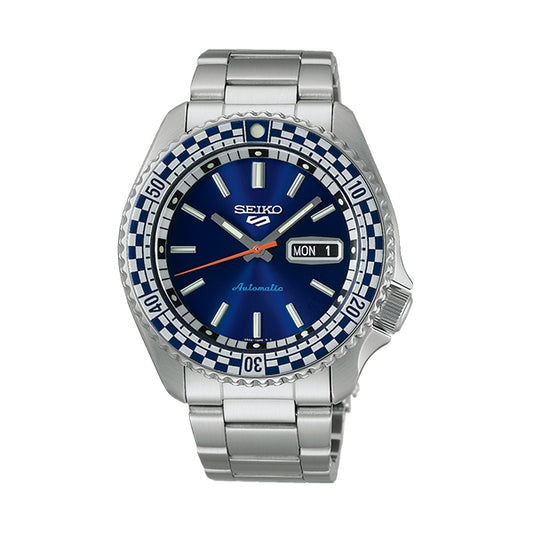 SEIKO 5 Mod. CHECKER FLAG AUTOMATIC LIMITED EDITION watch with blue dial and silver bracelet