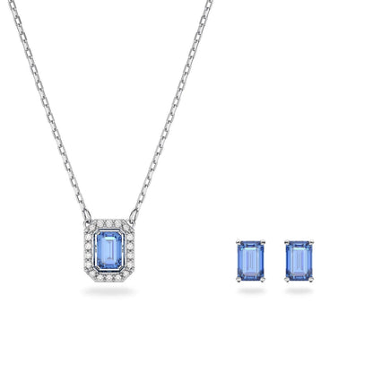 SWAROVSKI Mod. 5641171 silver necklace and earrings set with blue gemstones, quartz analog movement, water-resistant, ideal for ladies.