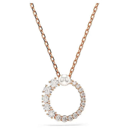 Swarovski crystal necklace with circular pendant on rose gold chain.