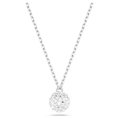 Elegant Swarovski crystal ball pendant necklace on a silver chain.
