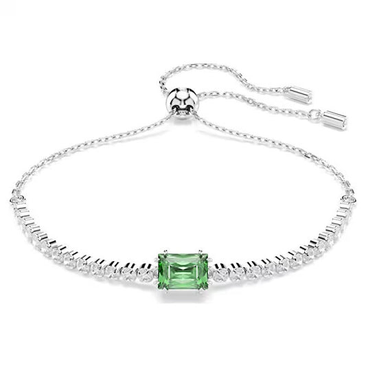Elegant silver bracelet with green gemstone centerpiece and adjustable clasp.