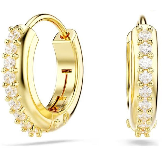 Elegant gold hoop earrings with sparkling stones, showcasing the luxurious design of SWAROVSKI Mod. 5697228.