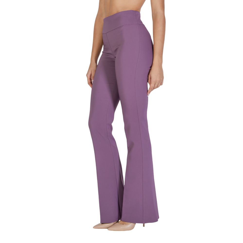 Sandro Ferrone Purple Polyester Flared Pants for women featuring high-rise flared hem and slim fit, made from stretchy polyester blend.