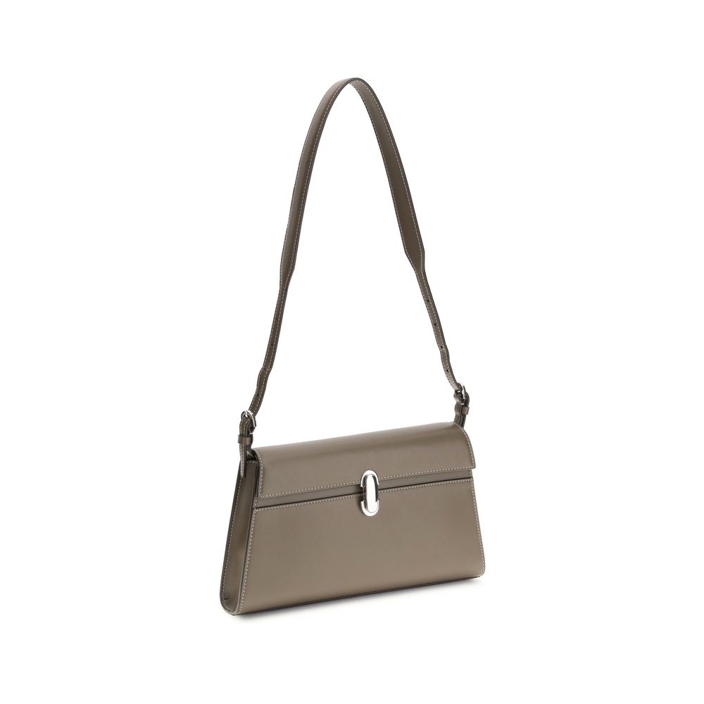 Savette Beige Calf Leather Bos Taurus Shoulder Bag with adjustable strap and iconic Symmetry turnlock closure.