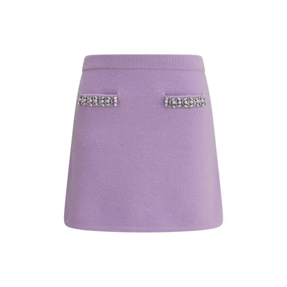 Self-Portrait Purple Viscose Mini Skirt with jewel embellishments and elastic waistband, featuring slit pockets for a contemporary look.