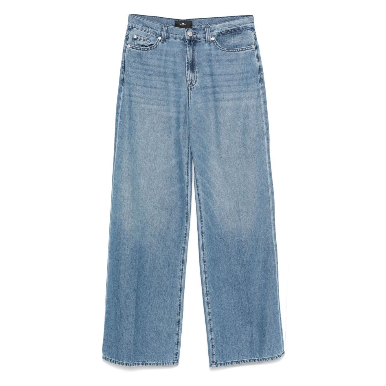 Seven Jeans Blue wide-leg denim jeans with light blue wash, concealed fly, button fastening, belt loops, five pockets, and rear logo patch.