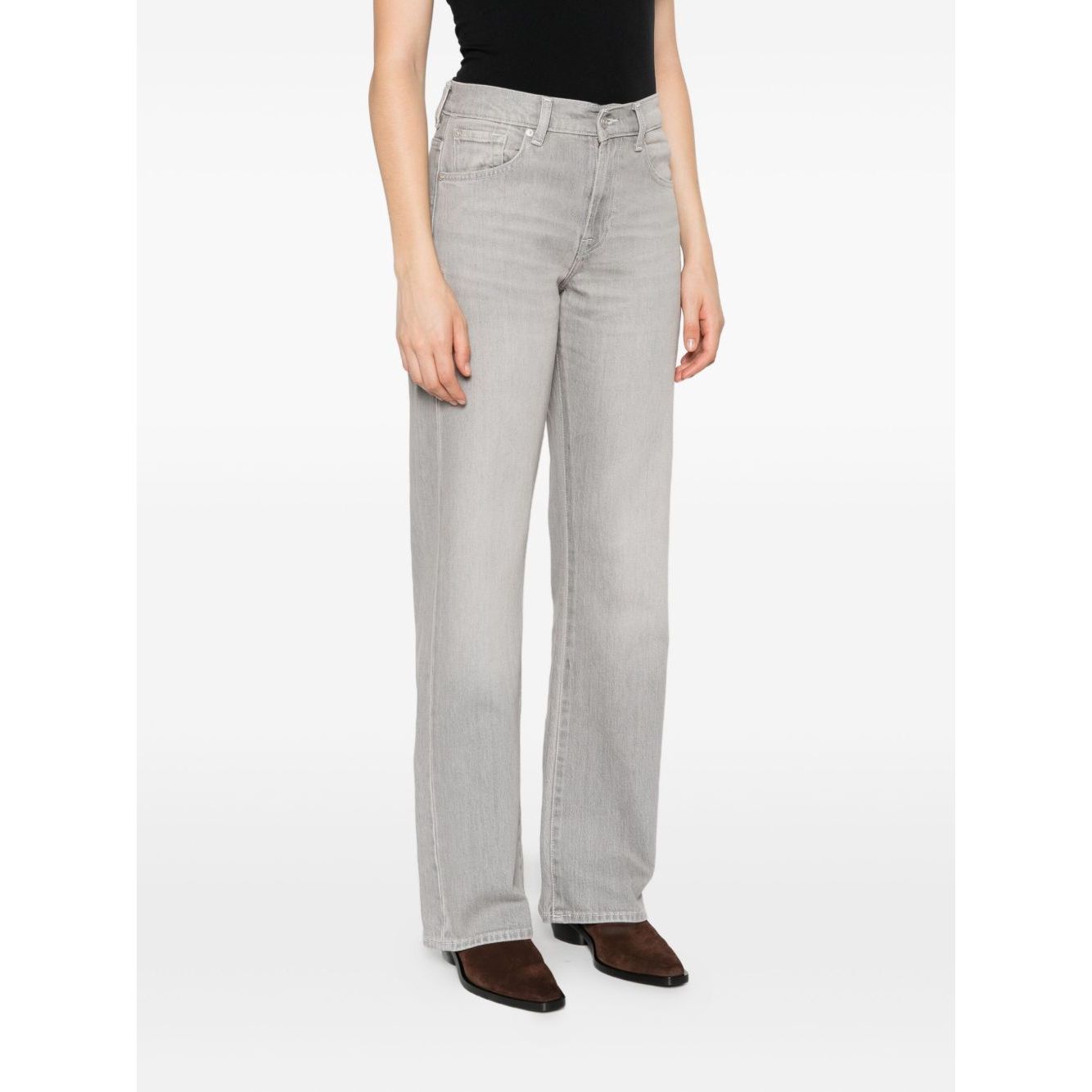 Seven Jeans Grey straight-leg denim, five-pocket style with button fly and belt loops, featuring Tess wide-leg design.