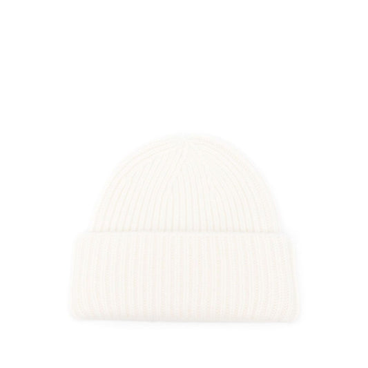 Soft Goat Cashmere ribbed beanie, white with round crown and turn-up brim, luxury winter accessory for warmth and style