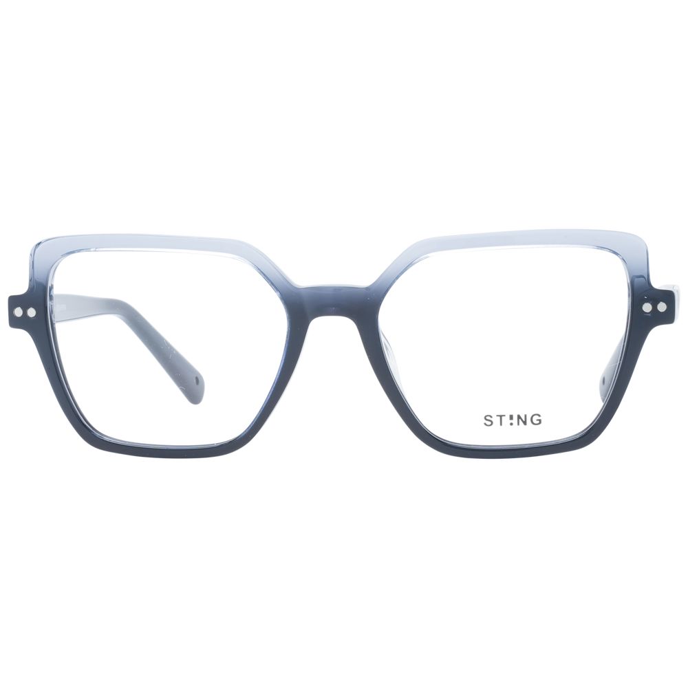 Sting Blue Men Glasses Frame with full-rim acetate and plastic, blue polarized lenses, rectangular style, includes branded case.