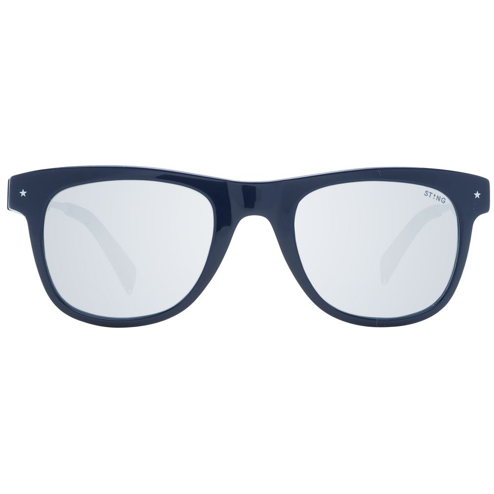 Alt Tag: Sting Blue Men Sunglass with full-rim acetate frame and mirrored grey lenses, 100% UVA & UVB protection.