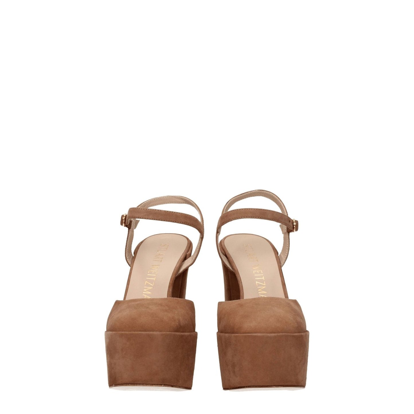 Stuart Weitzman Beige Leather Platforms with buckle closure, high heel, and round toe, perfect for casual wear.