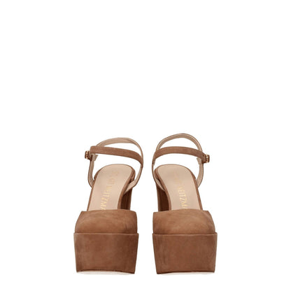 Stuart Weitzman Beige Leather Platforms with buckle closure, high heel, and round toe, perfect for casual wear.