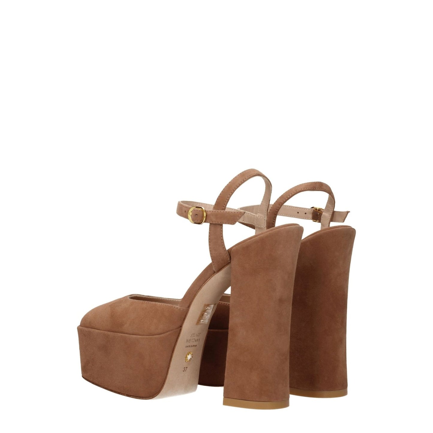 Stuart Weitzman Beige Leather Platforms with high heels, buckle closure, 14.5 cm heel height, round toe, and suede finish.