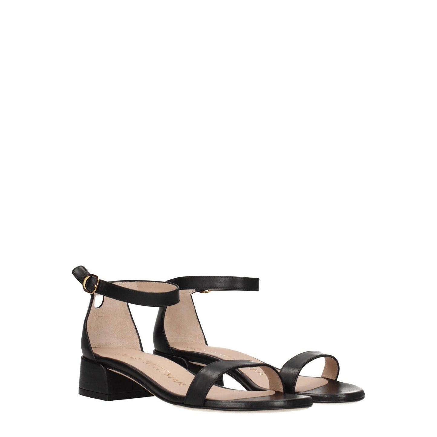 Stuart Weitzman Black Leather Flat Sandals with open toe and buckle closure, featuring mid heels, designed for casual style.