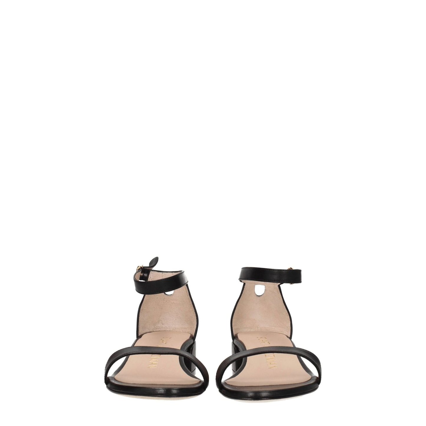 Stuart Weitzman Black Leather Flat Sandals with buckle closure, open toe, and mid heels, ideal for casual wear. MPN: NUDISTJUNESMOS6743BLACK.