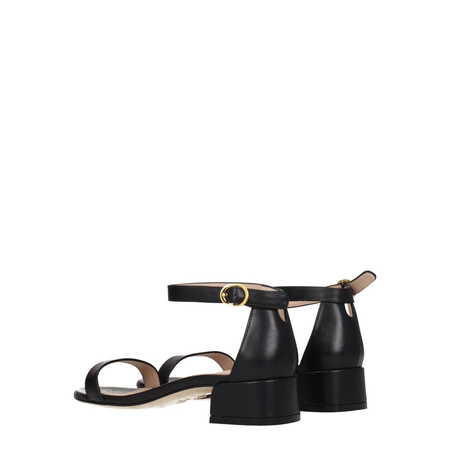 Stuart Weitzman Black Leather Flat Sandals with gold buckle, open toe, and mid heels. Casual style with leather sole.