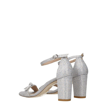 Stuart Weitzman Gray Fabric Platform Sandals with mid heels and buckle closure, featuring open toe design and leather sole, MPN NEARLYNUDENLQSD108.