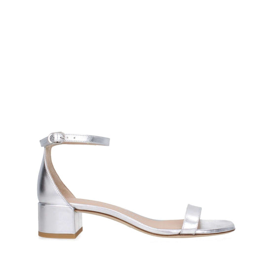 Stuart Weitzman Gray Leather Sandals with silver finish, open toe, mid heels, and buckle closure, MPN NUDISTCURVE35LIDSA535SILVER.