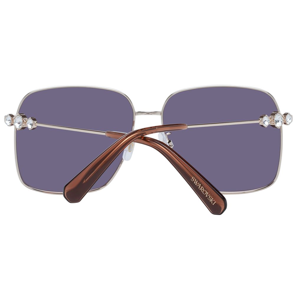 Swarovski Gold Women Sunglass with brown mirrored lenses, gold metal frame, and full-rim square design, UVA & UVB protection, includes case.