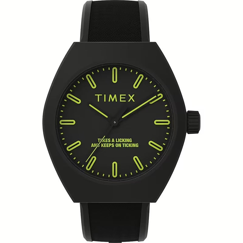 TIMEX MOD. URBAN POP black watch with neon green accents and slogan on the dial.
