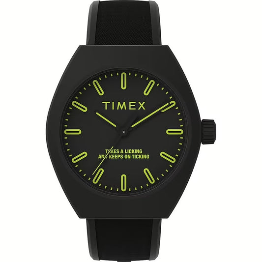 TIMEX MOD. URBAN POP black watch with neon green accents and slogan on the dial.