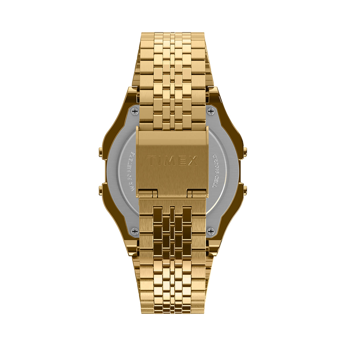 Back view of TIMEX Mod. T80 wristwatch with SS IP Gold strap, 42mm case, quartz movement, water resistant.
