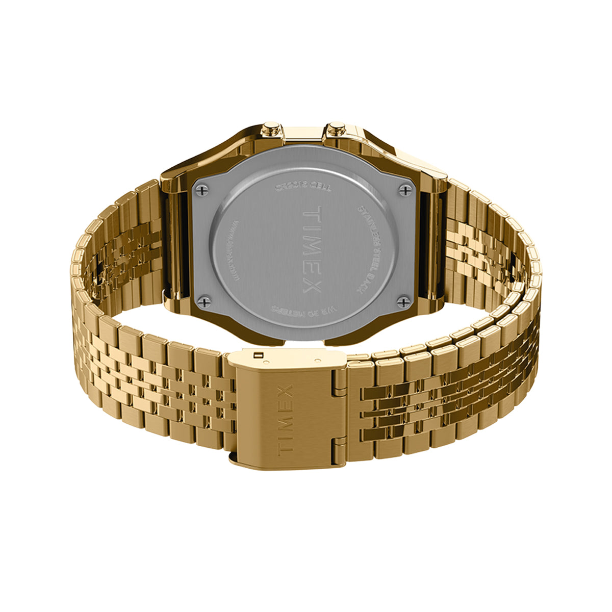 Back view of TIMEX Mod. T80 wristwatch with gold SS IP strap and case, showing clasp and water resistance features.