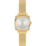 "Gold wristwatch featuring a sleek square dial, branded TISSOT Mod. LOVELY, with a textured band and minimalist design."