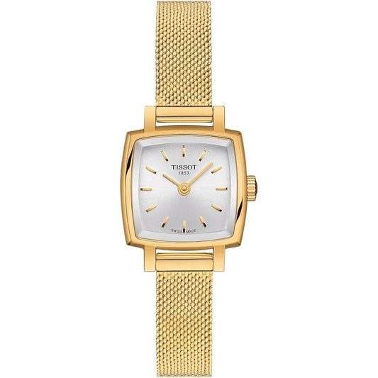 "Gold wristwatch featuring a sleek square dial, branded TISSOT Mod. LOVELY, with a textured band and minimalist design."
