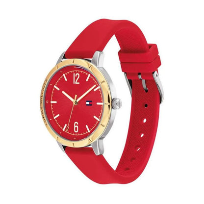 TOMMY HILFIGER Mod. 1782561 lady's watch, quartz movement, red strap, gold-tone bezel, water-resistant 3 ATM, 38mm case, analog display.