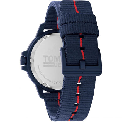 Rear view of TOMMY HILFIGER Mod. 1791997 men's watch with blue strap and detailed stitching, highlighting craftsmanship.