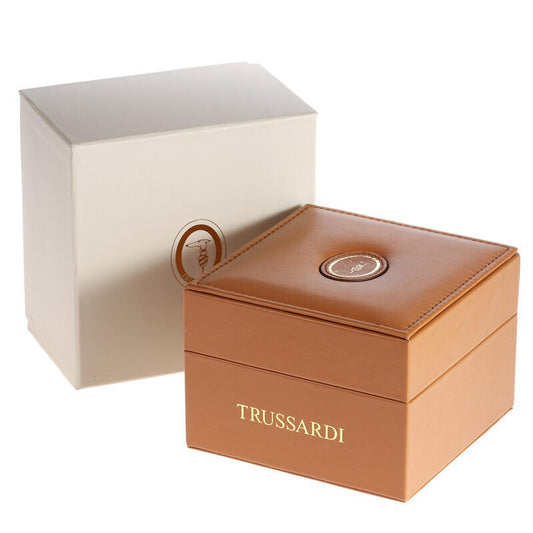 Official packaging box for TRUSSARDI MOD. T-LOGO wristwatch, showcasing luxurious design with leather finish and brand logo.