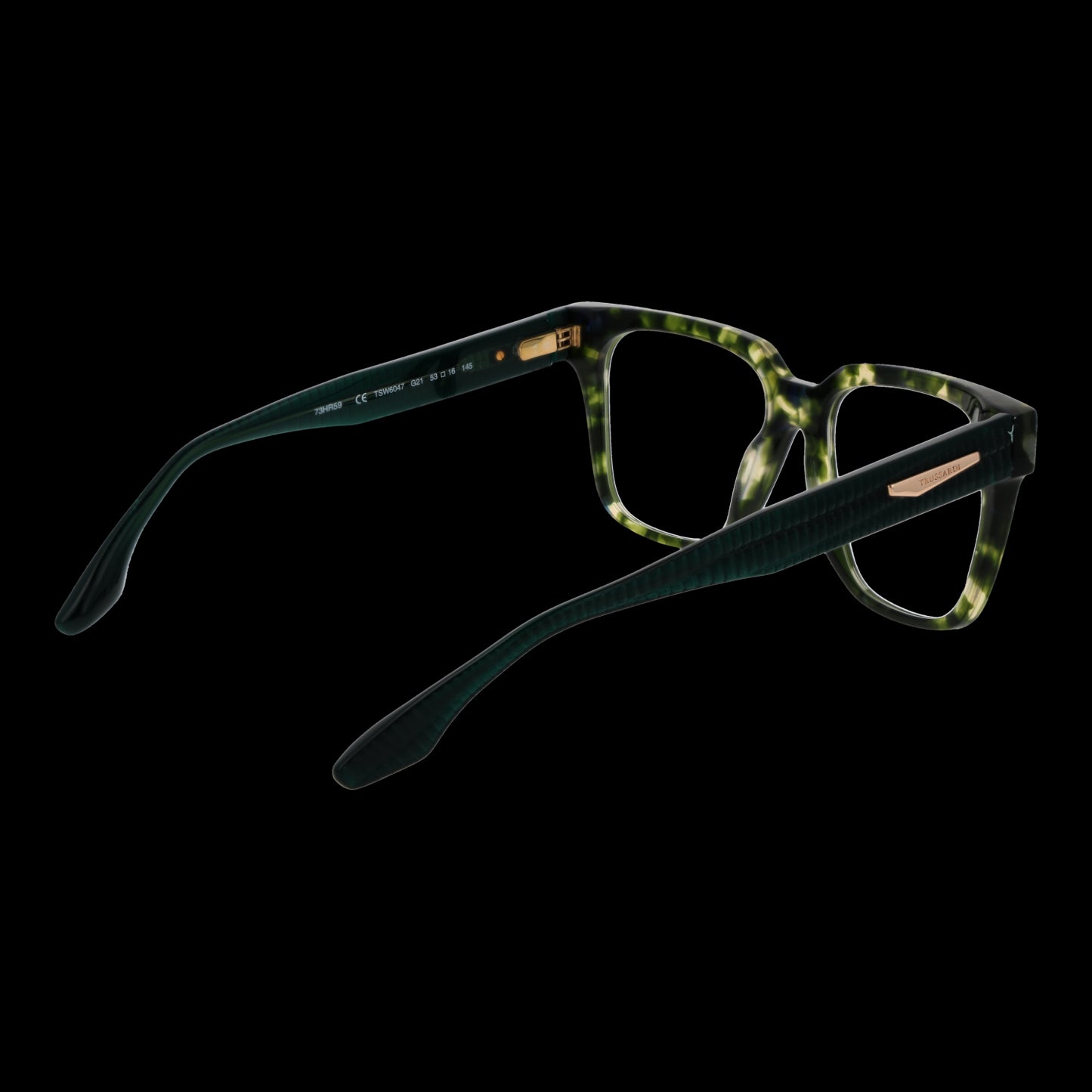 TRUSSARDI MOD. TSW6047 53G21 - Lady's eyeglasses with a stylish green tortoise shell pattern viewed from the side.