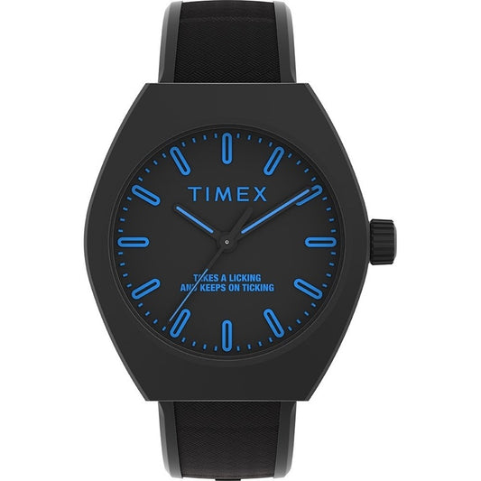 Alt Tag: TIMEX MOD. URBAN POP sleek black watch with blue accents, featuring a modern and stylish design on a black strap.