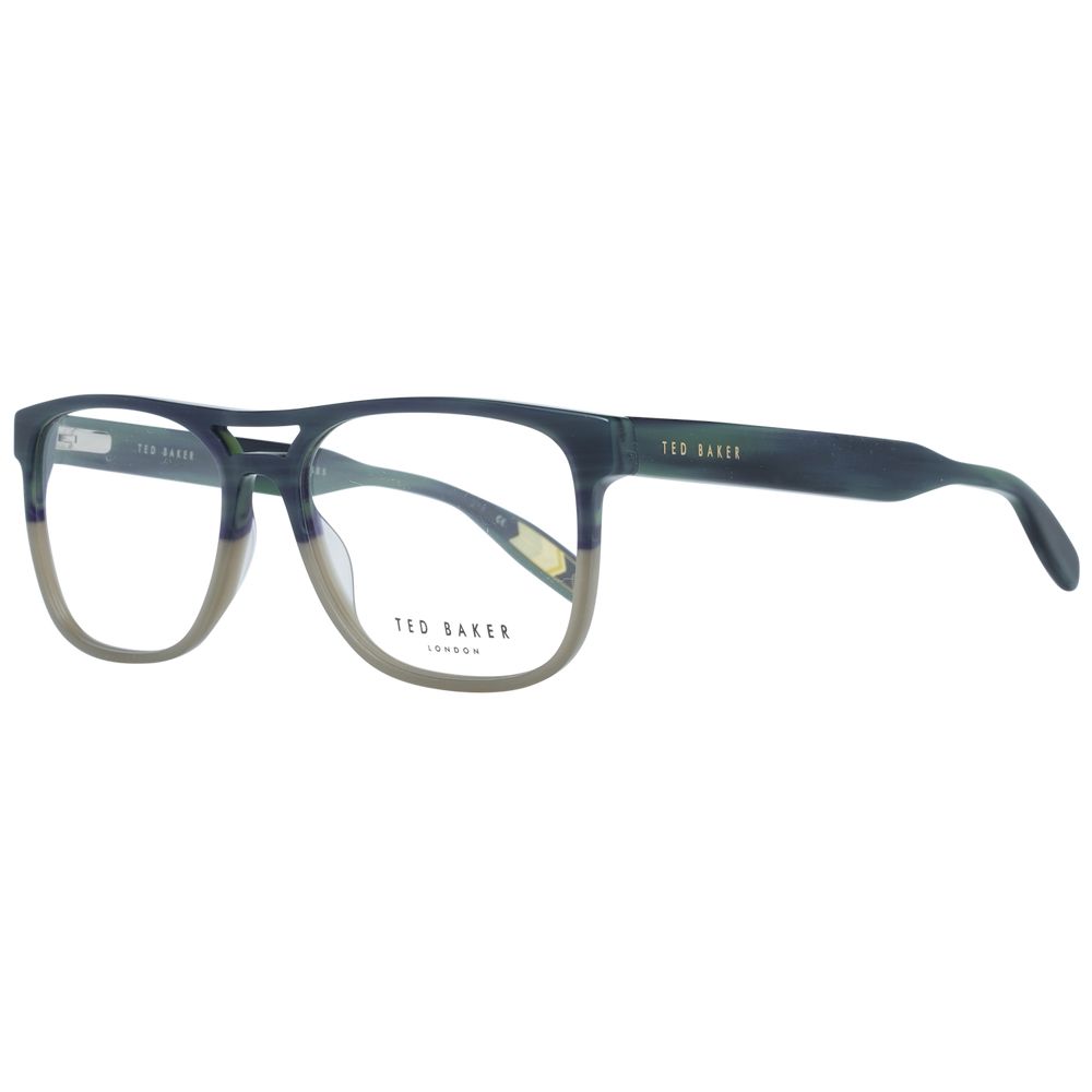 Ted Baker Green Men Glasses Frame, plastic full-rim aviator style with spring hinge, demo lenses shown, includes branded case.