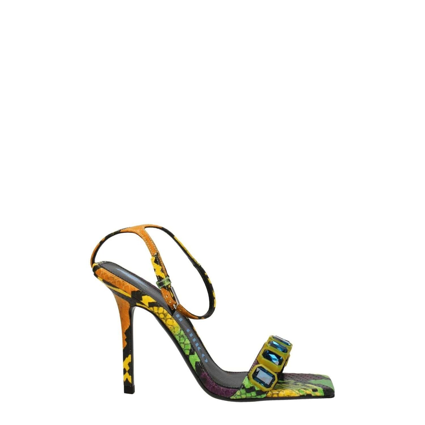 The Attico Multicolor Leather Stiletto Heel Sandals with snake print, featuring a buckle closure and open toe design.