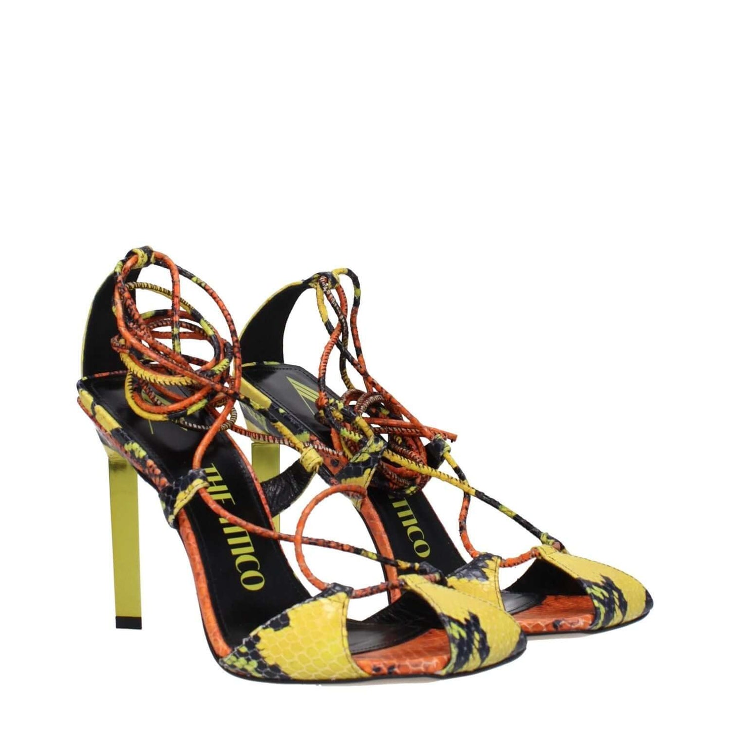 The Attico Orange Leather Stiletto Heel Sandals with vintage snake print, open toe, high heel, and self-tie closures in yellow and orange.