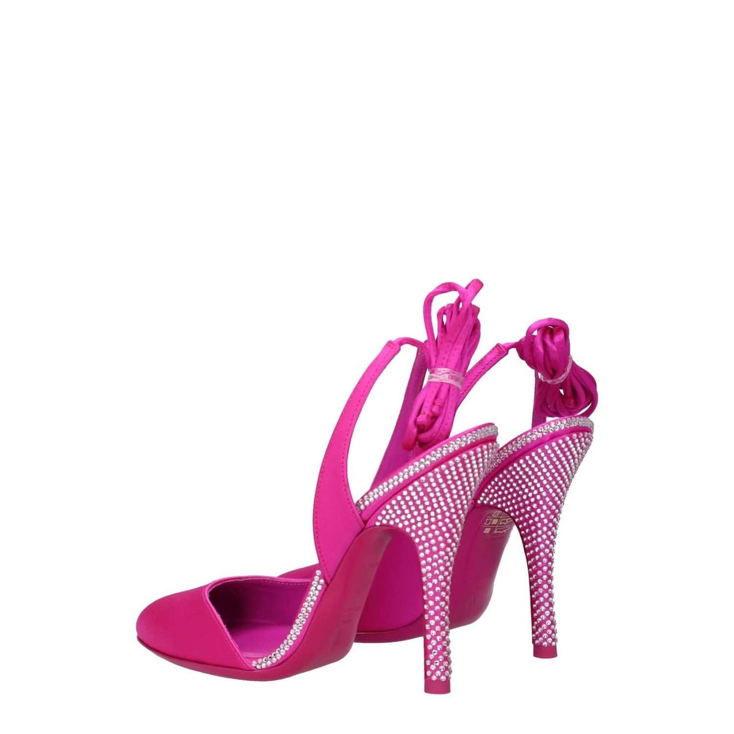 The Attico Pink Satin Stiletto Heel Sandals with rhinestone details, high heels, and self-tie closure.