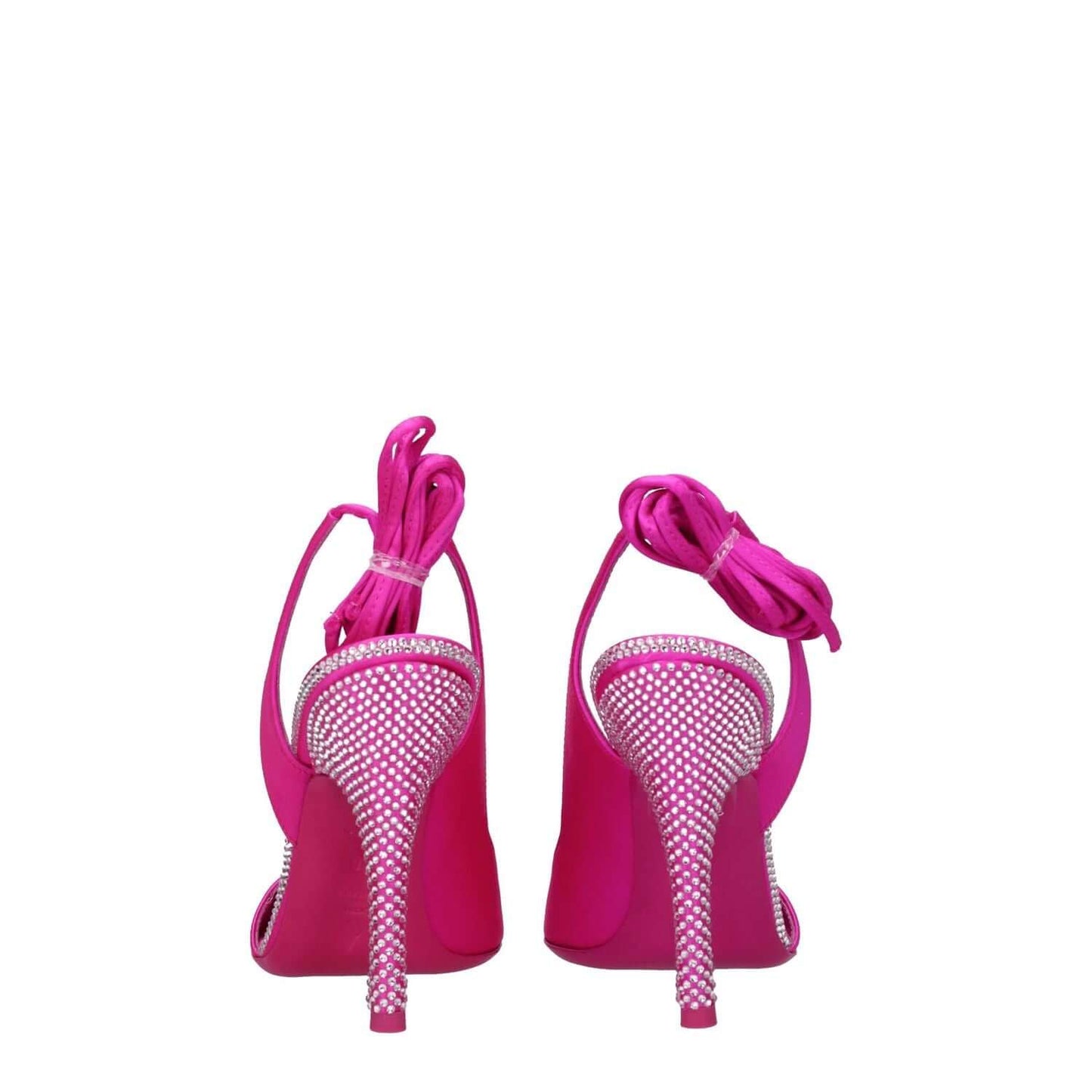 The Attico Pink Satin Stiletto Heel Sandals with rhinestone accents and self-tie closures, round toe, and 11 cm high heels.