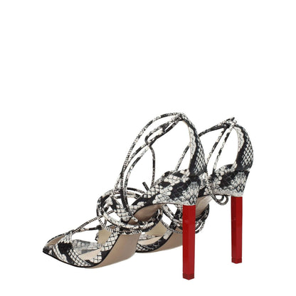 The Attico White Leather Stiletto Heel Sandals with snake print, vintage effect, high heel, self-tie, open toe design, red heel.