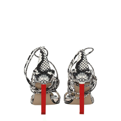 Back view of The Attico White Leather Stiletto Heel Sandals featuring snake print and red heel details, open toe, self-tie closure.