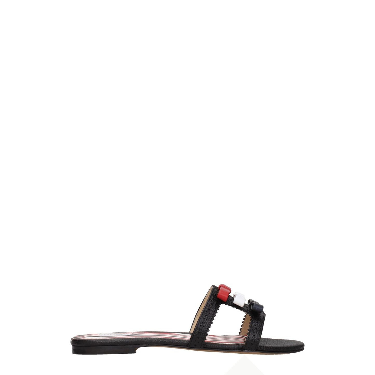 Thom Browne Black Leather Slippers with open toe and low flat heel, featuring front detail.
