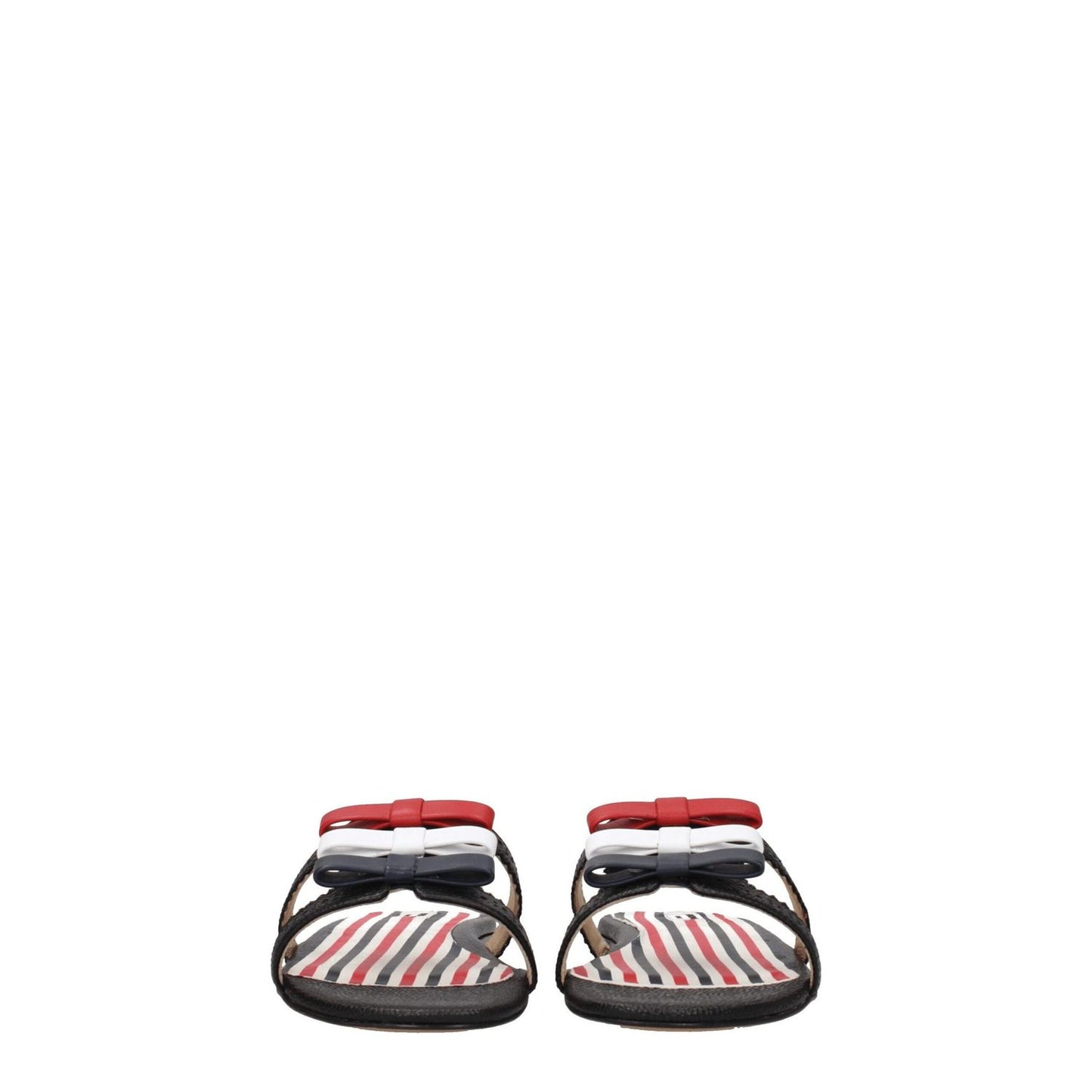 Thom Browne Black Leather Slippers, casual open-toe slippers with front detail and colorful stripes, perfect for a low heel style.