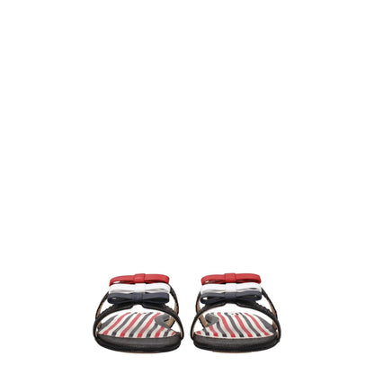 Thom Browne Black Leather Slippers, casual open-toe slippers with front detail and colorful stripes, perfect for a low heel style.